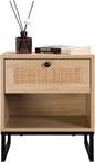 Birch Coastal Modern Side Table with Drawer Natural Wood Top with Black Metal Legs