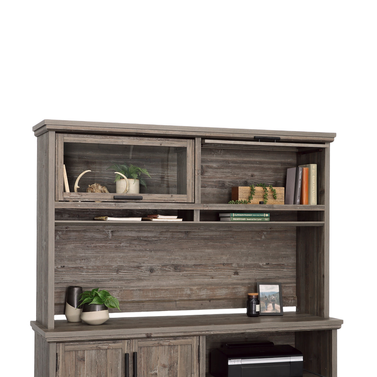Hutch with Glass Doors - Brown Display Shelf Unit