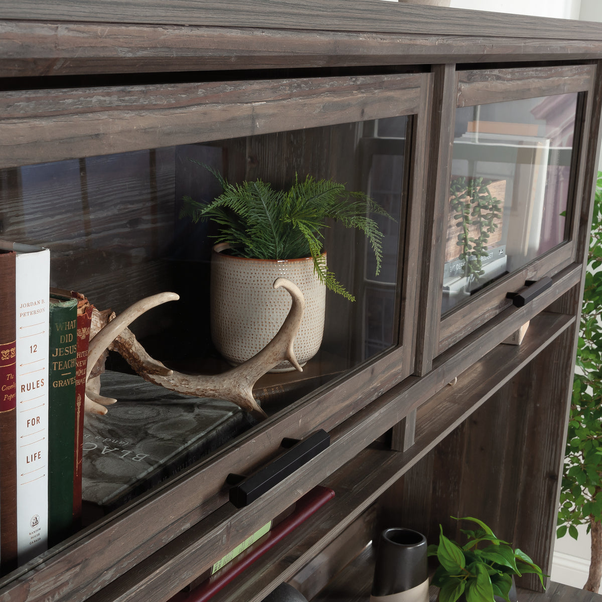 Hutch with Glass Doors - Brown Display Shelf Unit