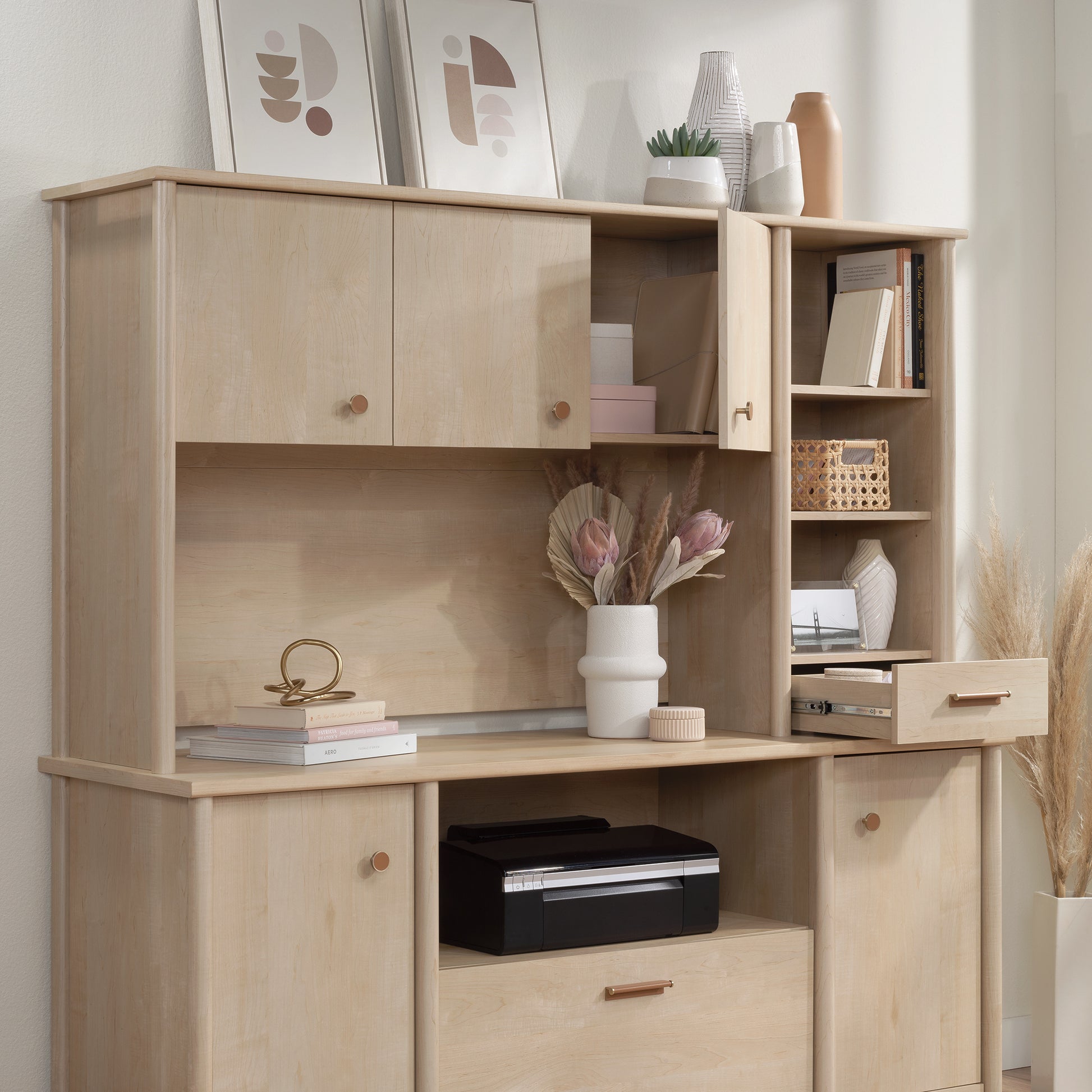 White Desktop Hutch with Adjustable Shelves - Office Storage