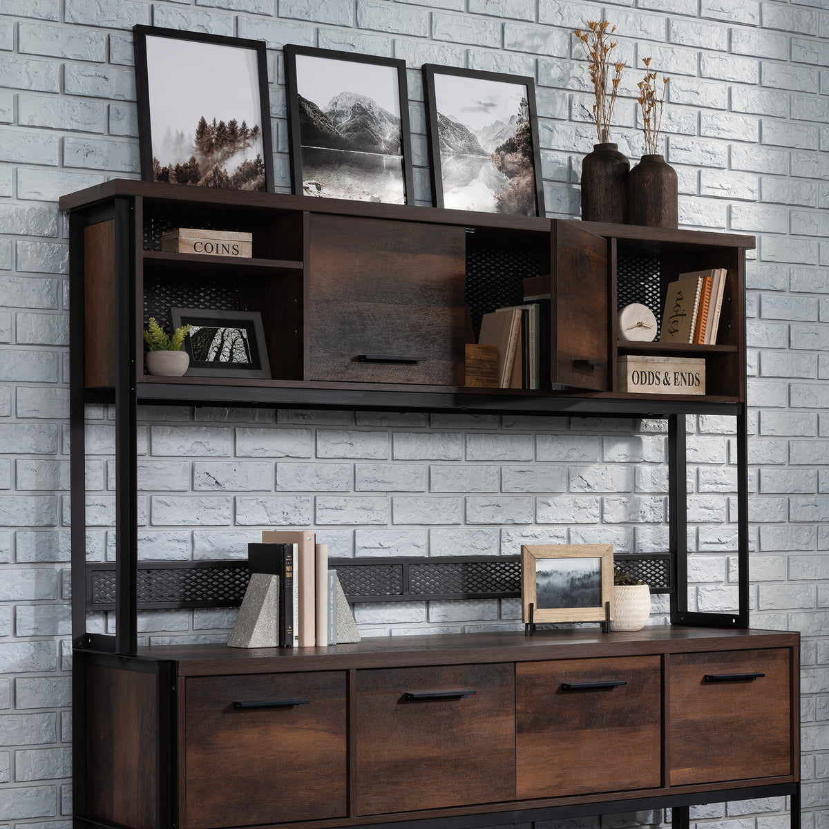 Brown Wood Office Hutch with Shelves - 36.77" W for Living Room