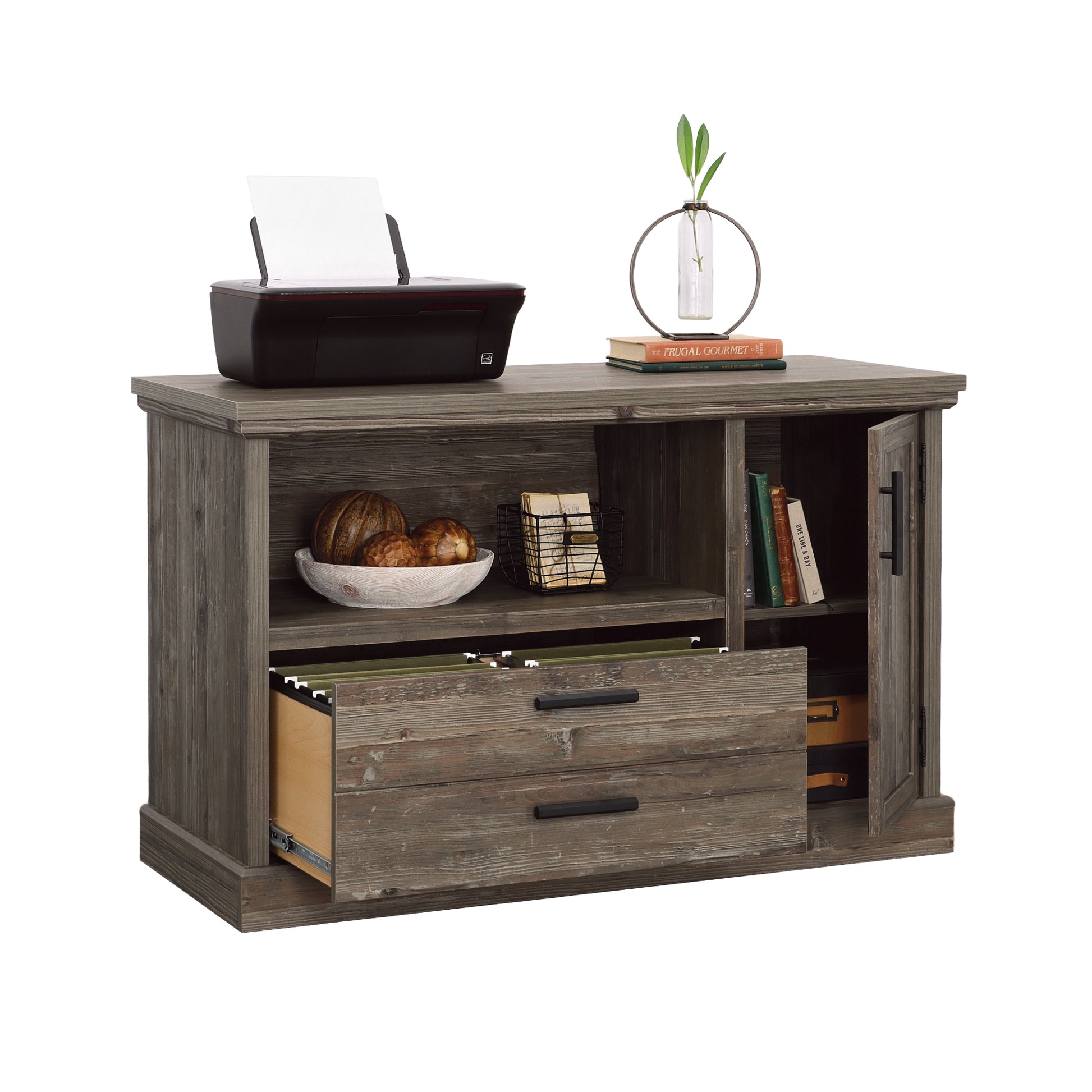 Brown Farmhouse File Credenza with Adjustable Shelves for Office Storage