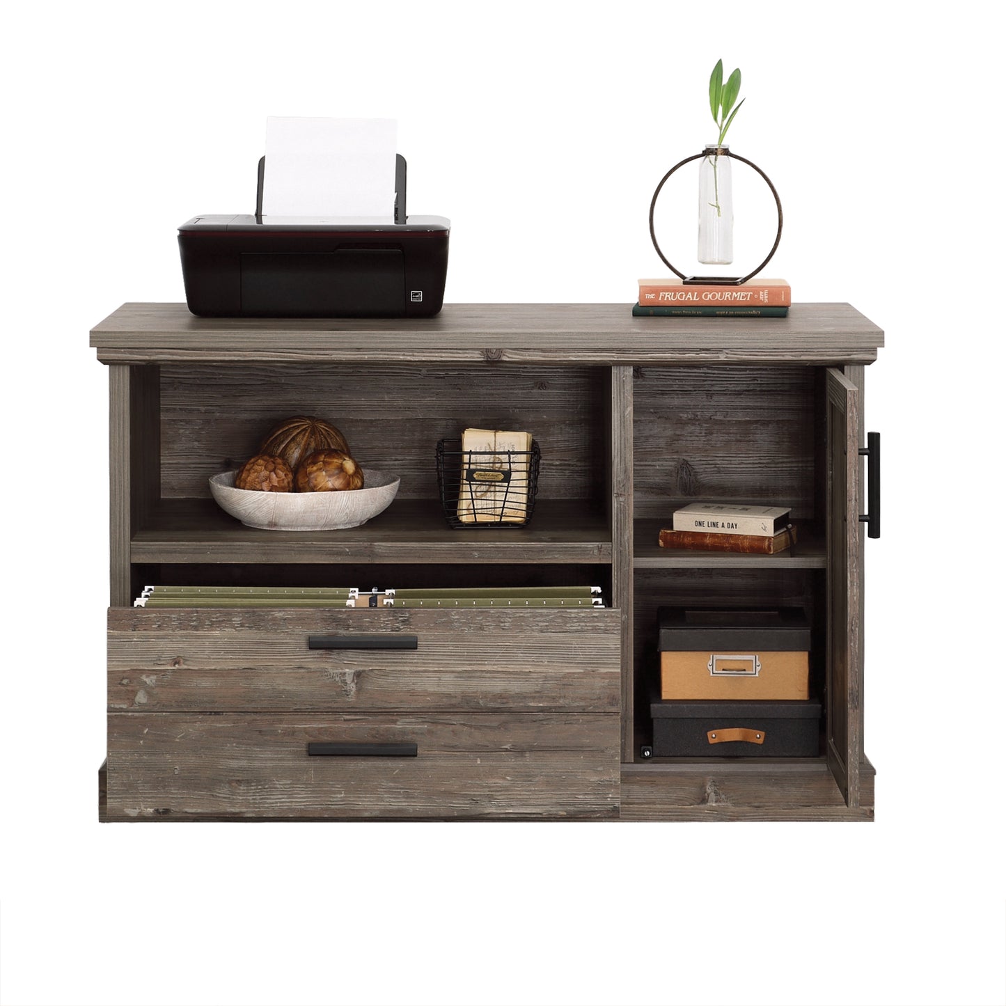 Brown Farmhouse File Credenza with Adjustable Shelves for Office Storage