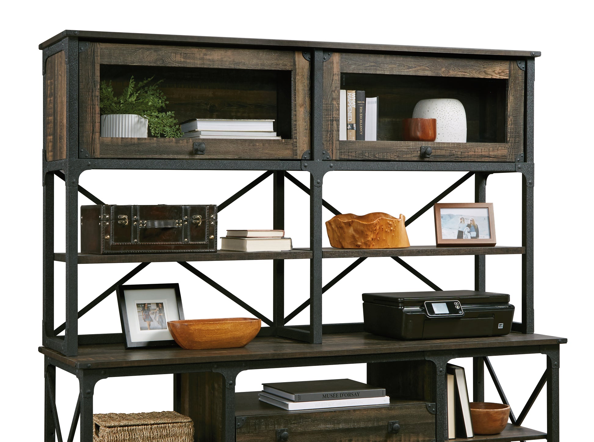 Hutch with Glass Doors - Brown Adjustable Shelves