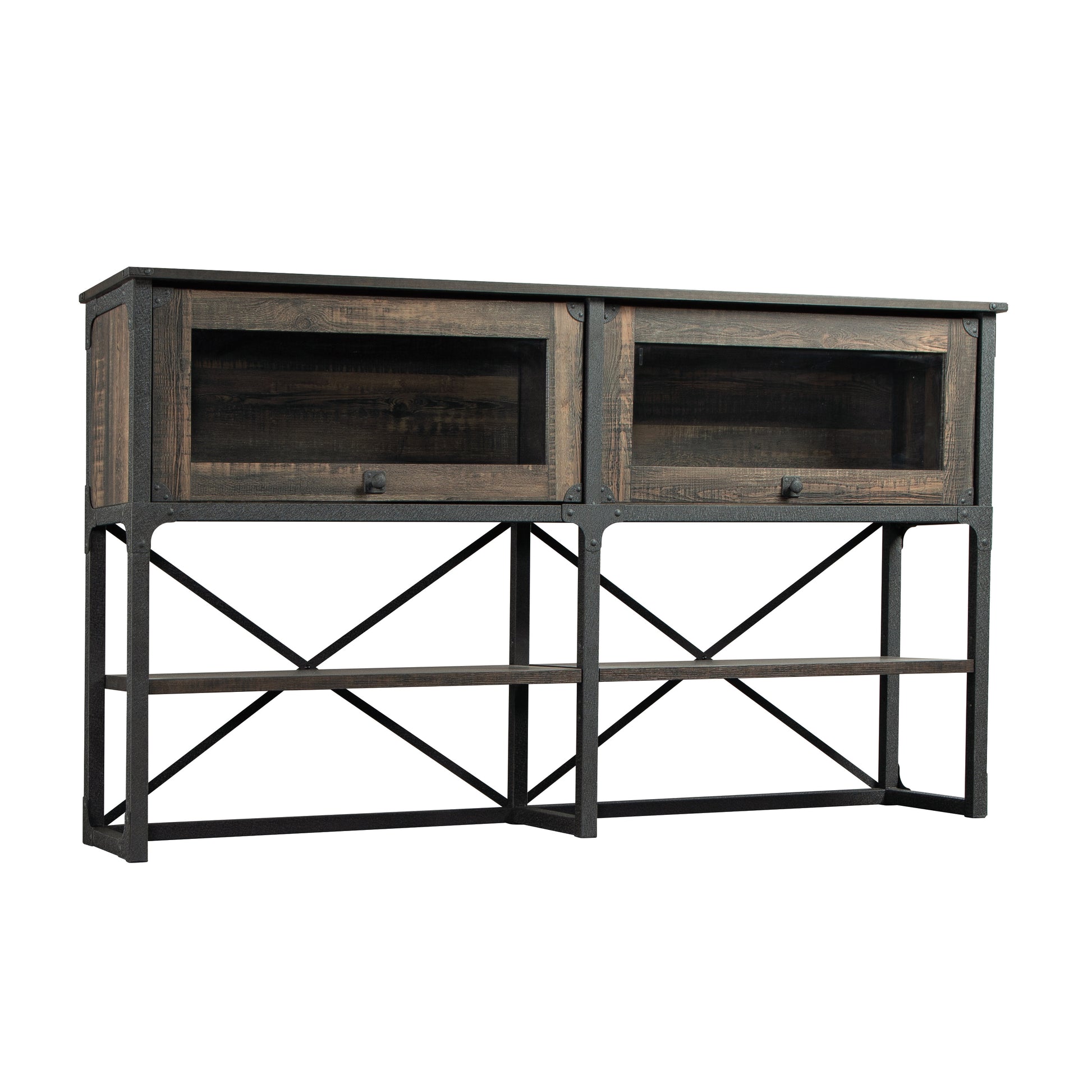 Hutch with Glass Doors and Adjustable Shelves, Brown finish