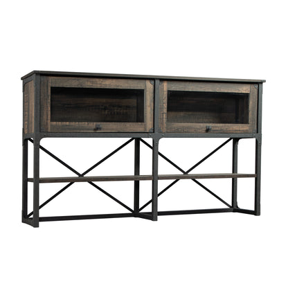 Hutch with Glass Doors and Adjustable Shelves, Brown finish