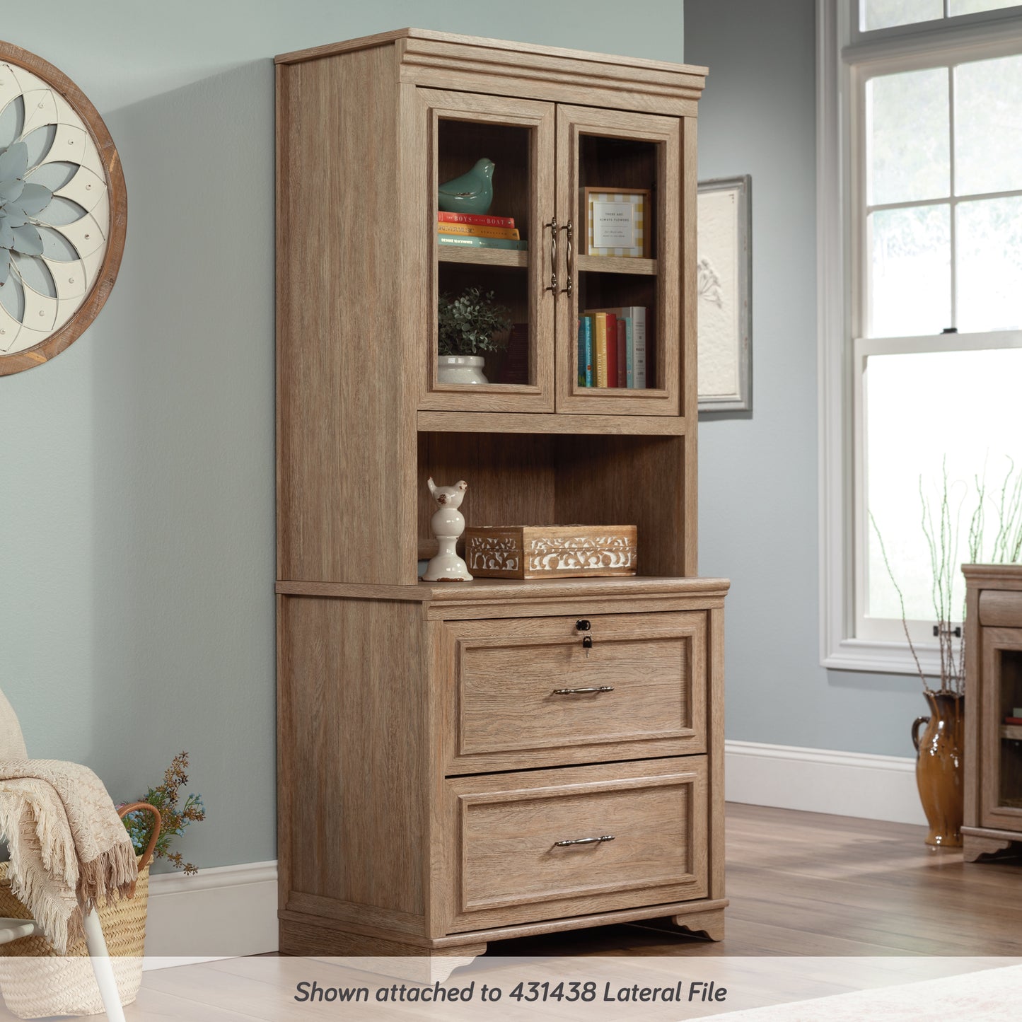 Brown Engineered Wood Office Accent Chest with Glass Doors
