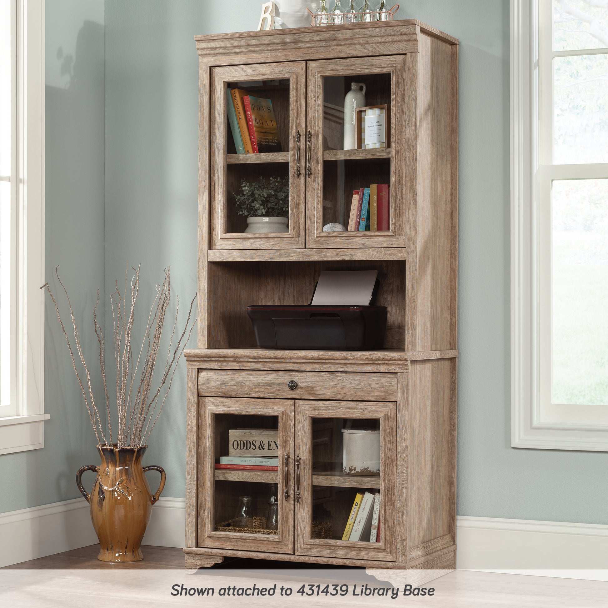Brown Engineered Wood Office Accent Chest with Glass Doors