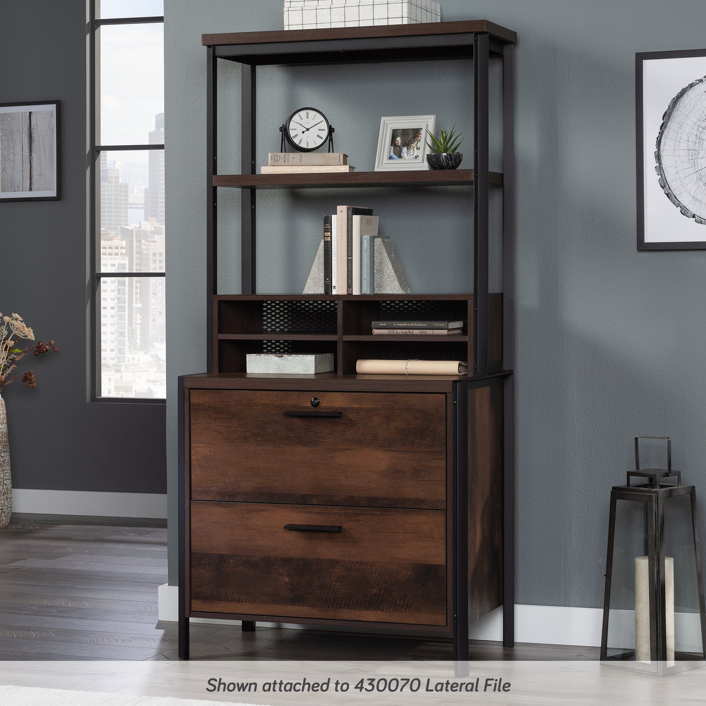 Gray Library Hutch - Adjustable Shelves, Brown Wood