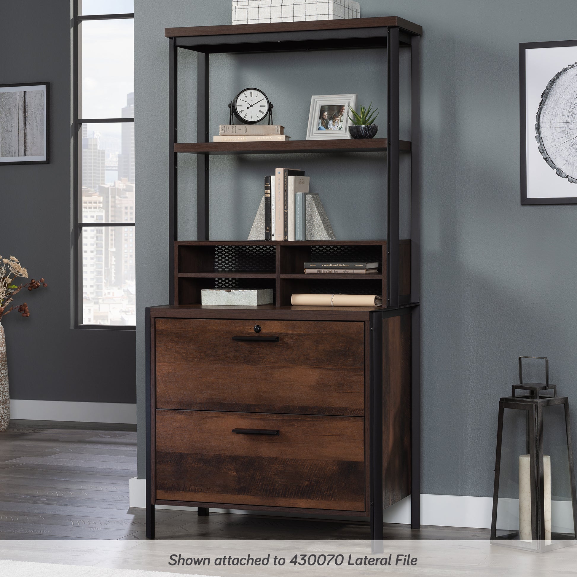Gray Library Hutch - Adjustable Shelves, Brown Wood