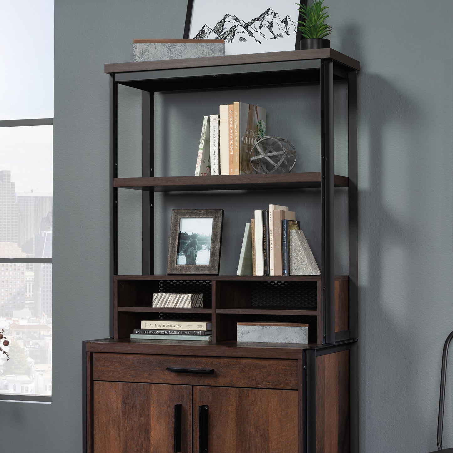 Gray Library Hutch - Adjustable Shelves, Brown Wood