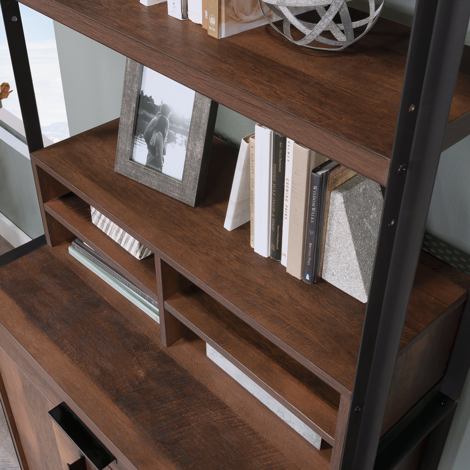 Gray Library Hutch - Adjustable Shelves, Brown Wood