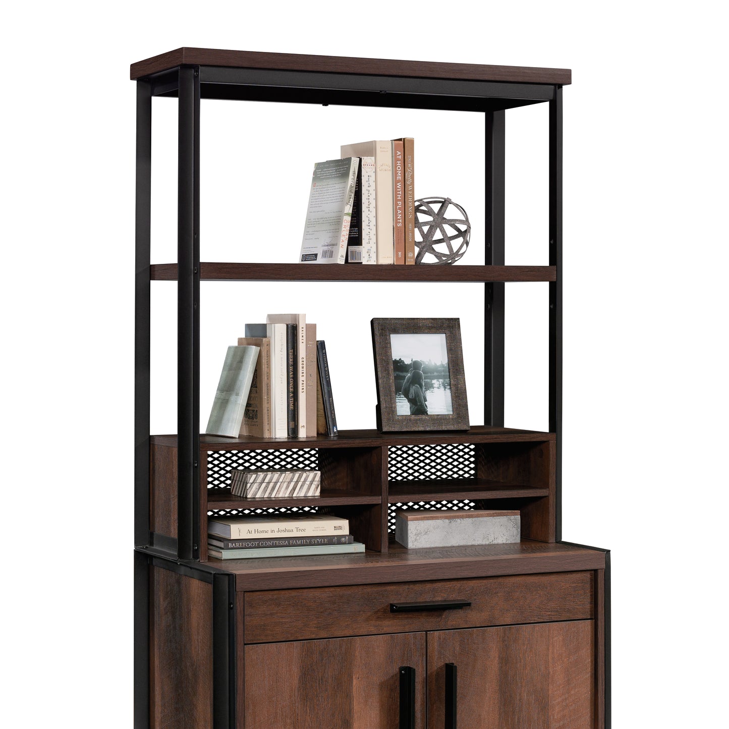 Gray Library Hutch - Adjustable Shelves, Brown Wood
