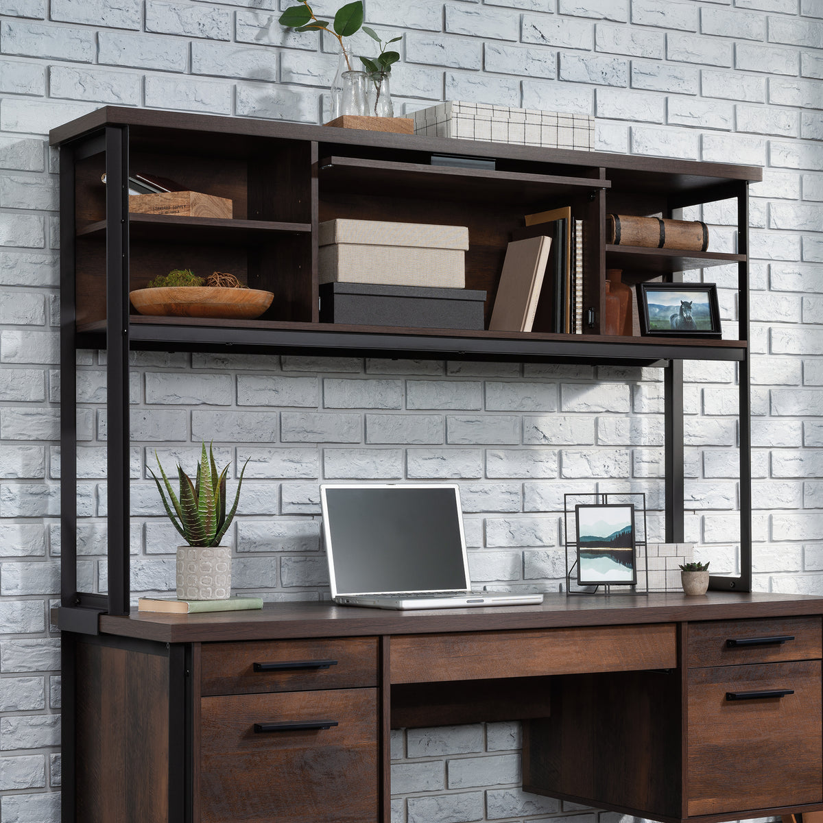 White Wooden Office Hutch with Storage Shelves for Living Room