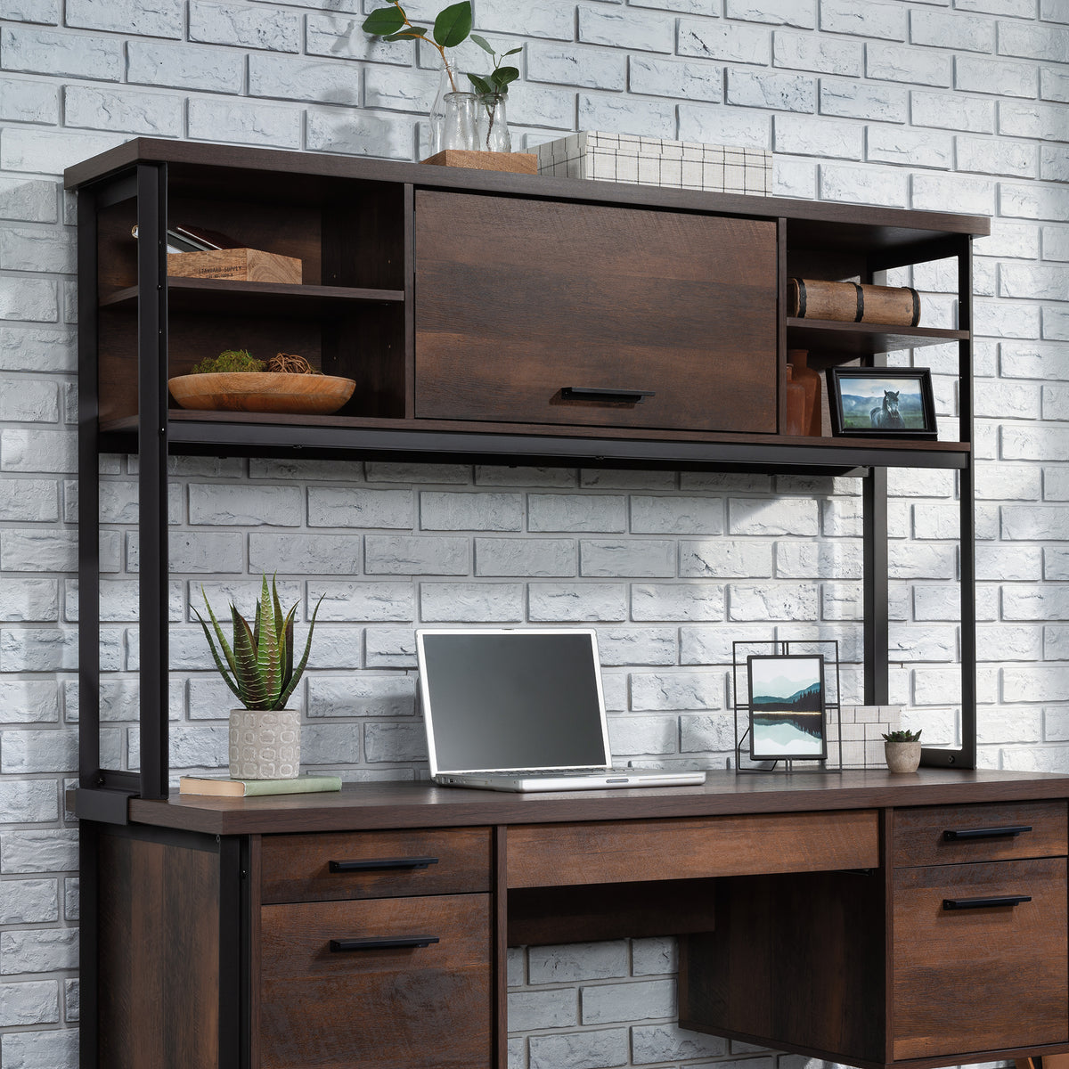 White Wooden Office Hutch with Storage Shelves for Living Room