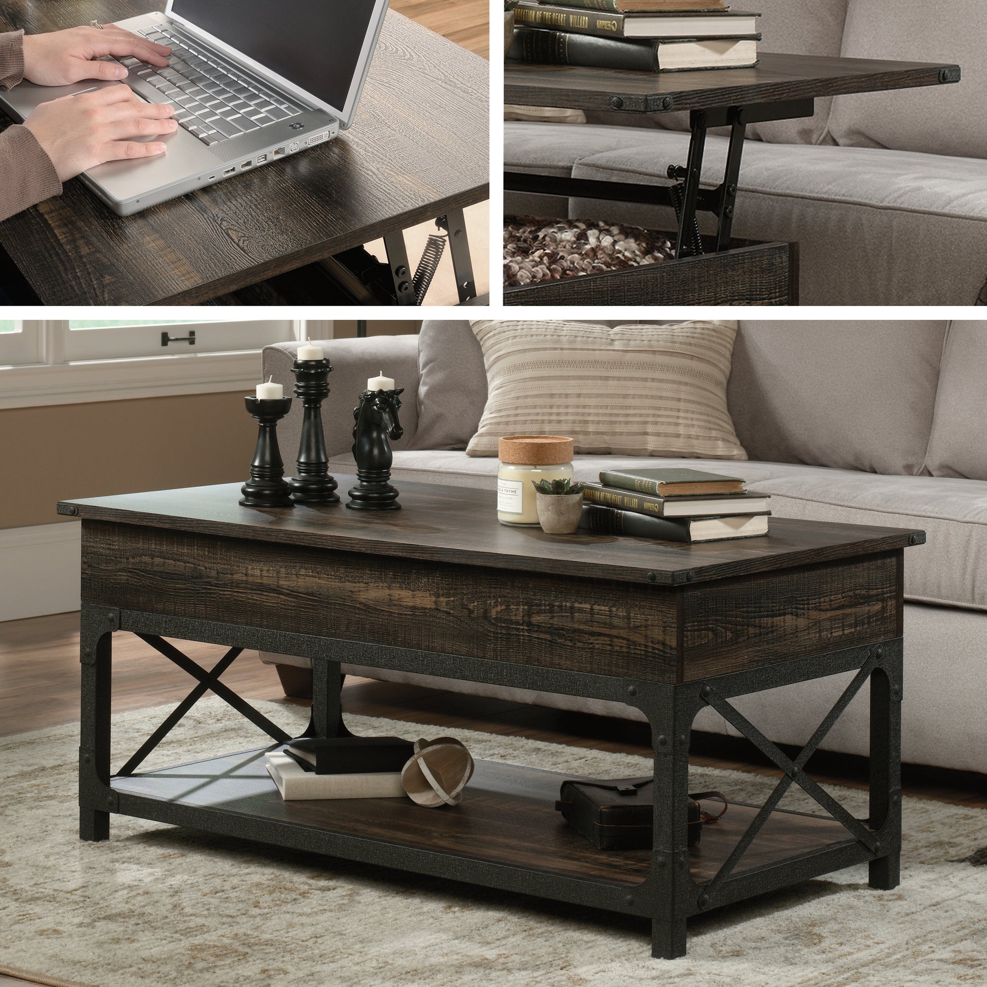 Lift-Top Coffee Table - Brown Industrial Style