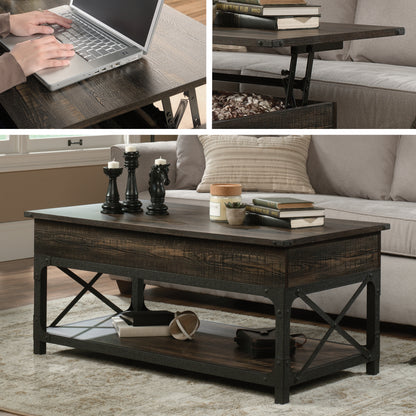 Lift-Top Coffee Table - Brown Industrial Style