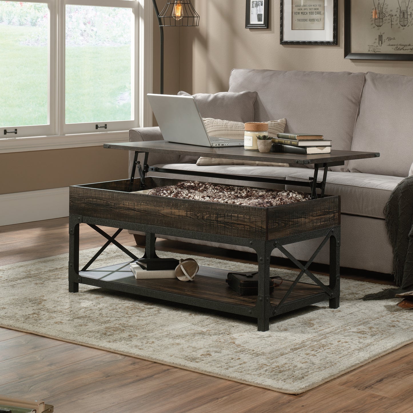 Lift-Top Coffee Table - Brown Industrial Style