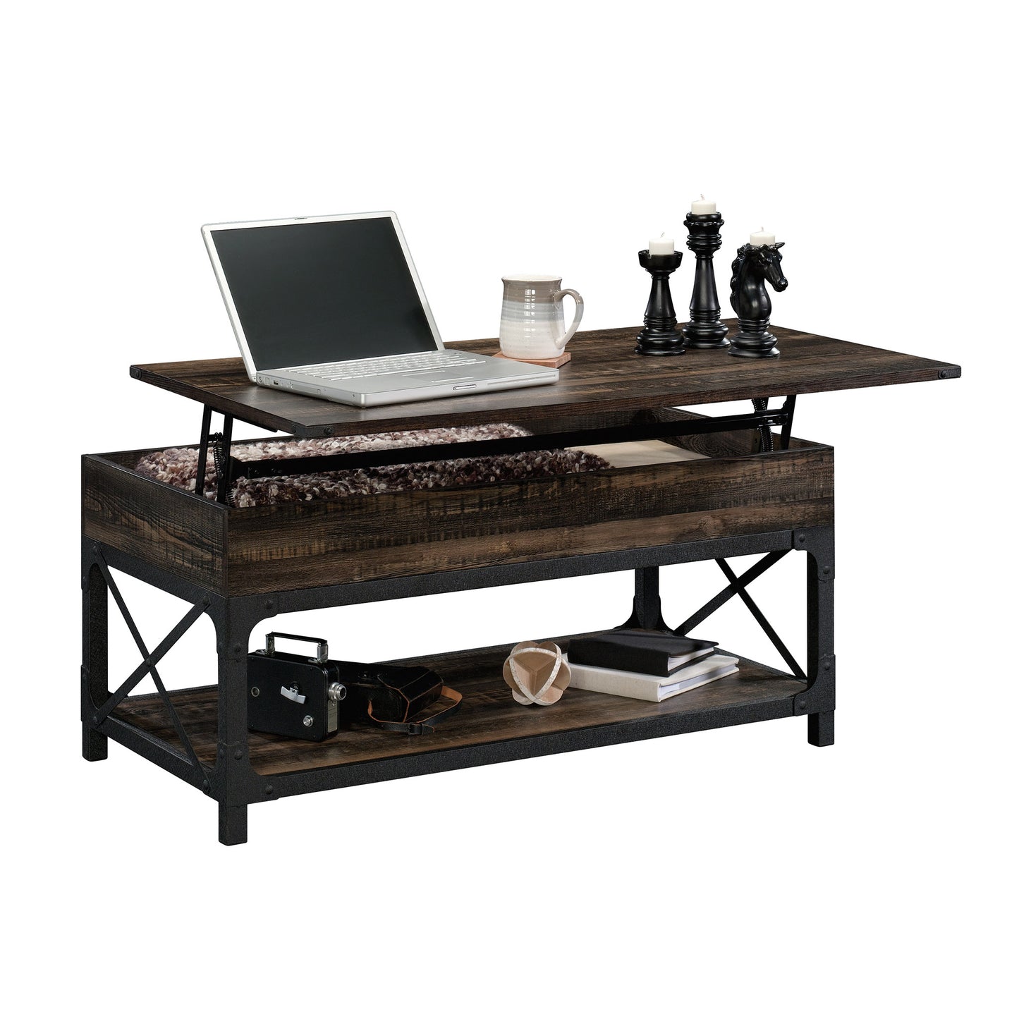 Lift-Top Coffee Table with Industrial Style, Brown finish