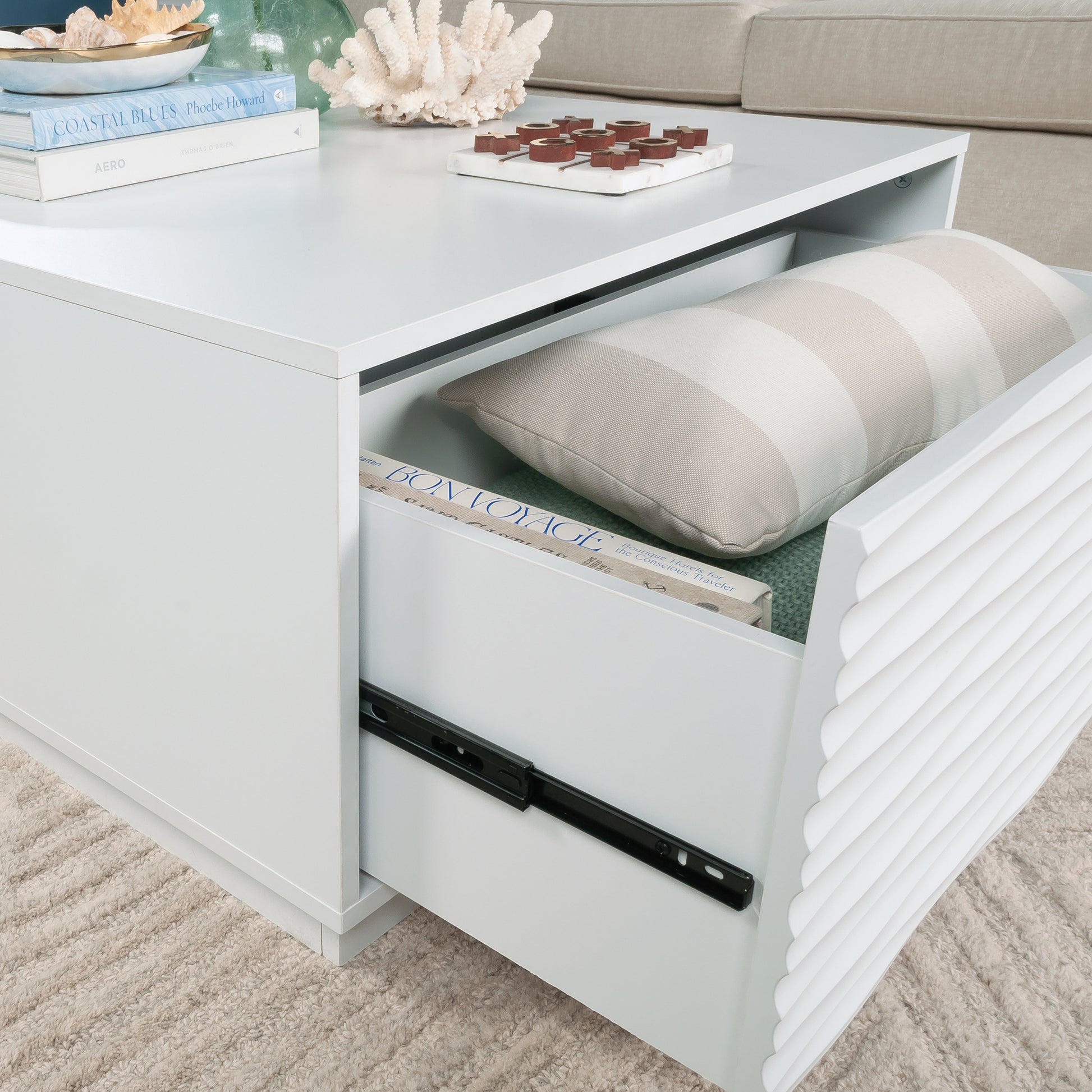 White Coastal Coffee Table with Drawers - 30" Square