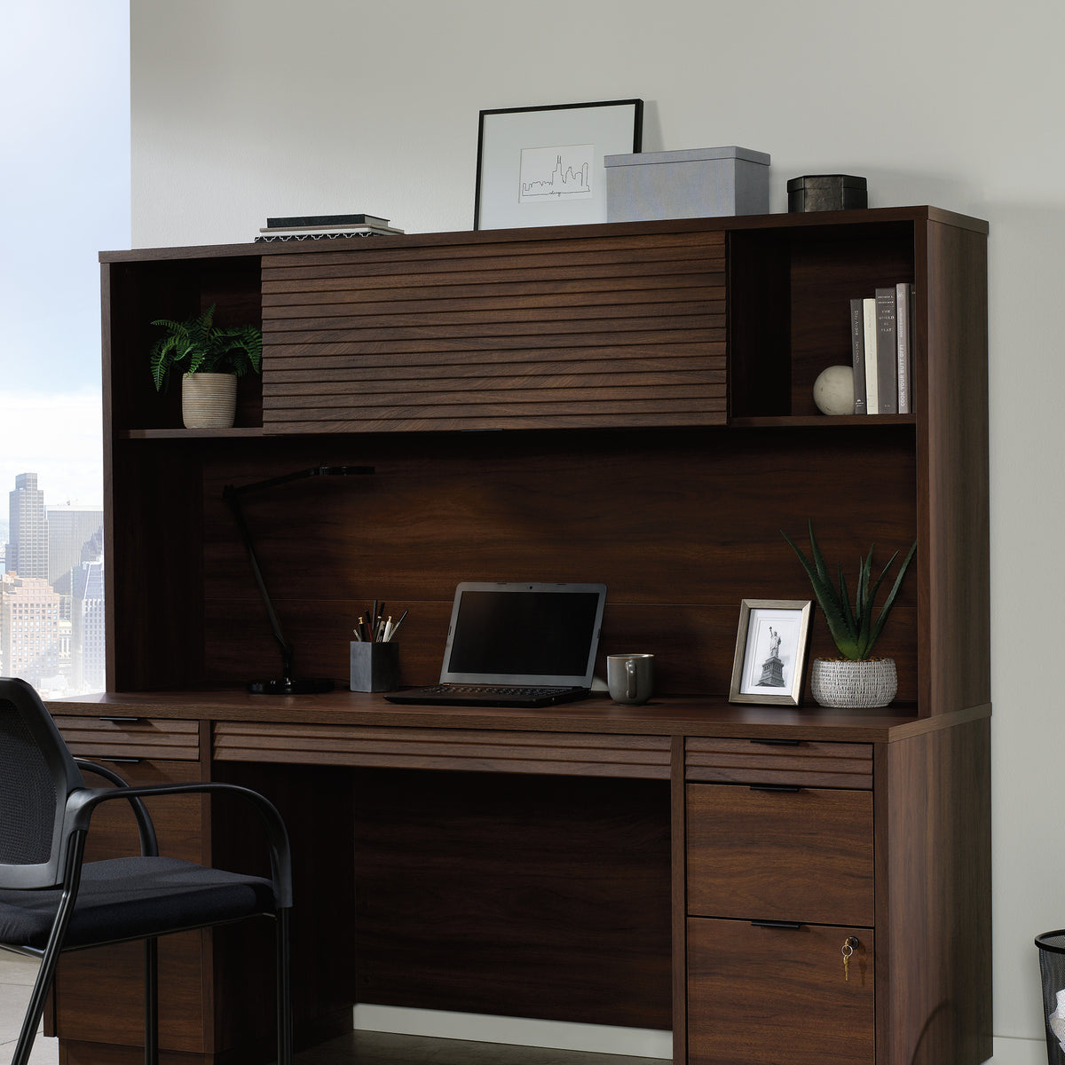 Brown 6-Shelf Hutch - Contemporary Office Storage for Living Room