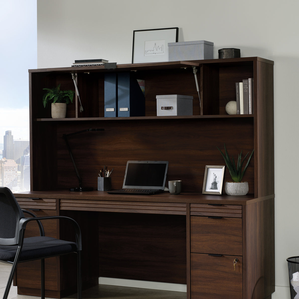 Brown 6-Shelf Hutch - Contemporary Office Storage for Living Room