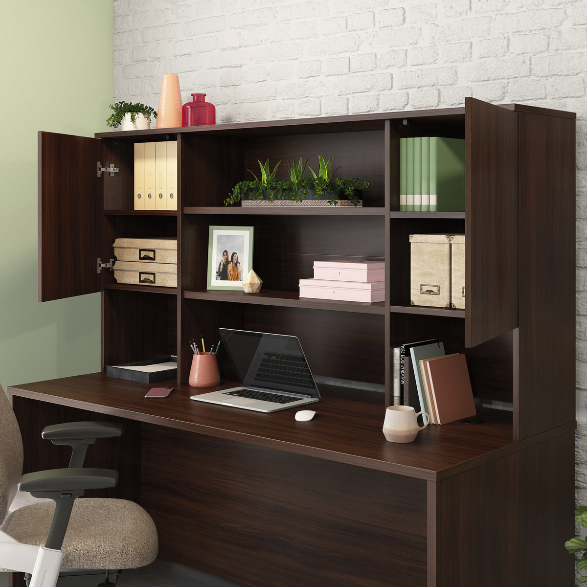 6 Shelf Brown Office Hutch - Adjustable Shelves