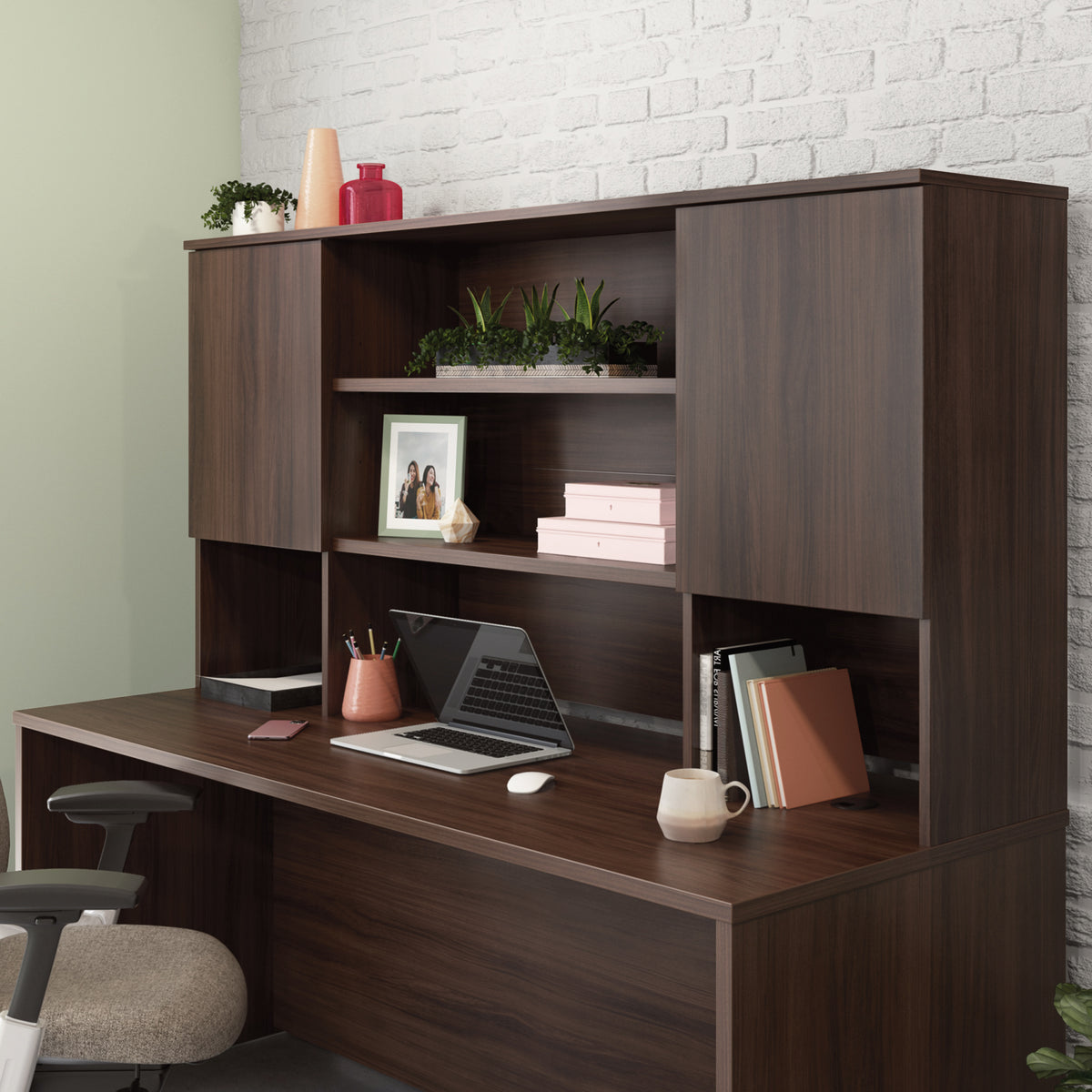 6 Shelf Brown Office Hutch - Adjustable Shelves