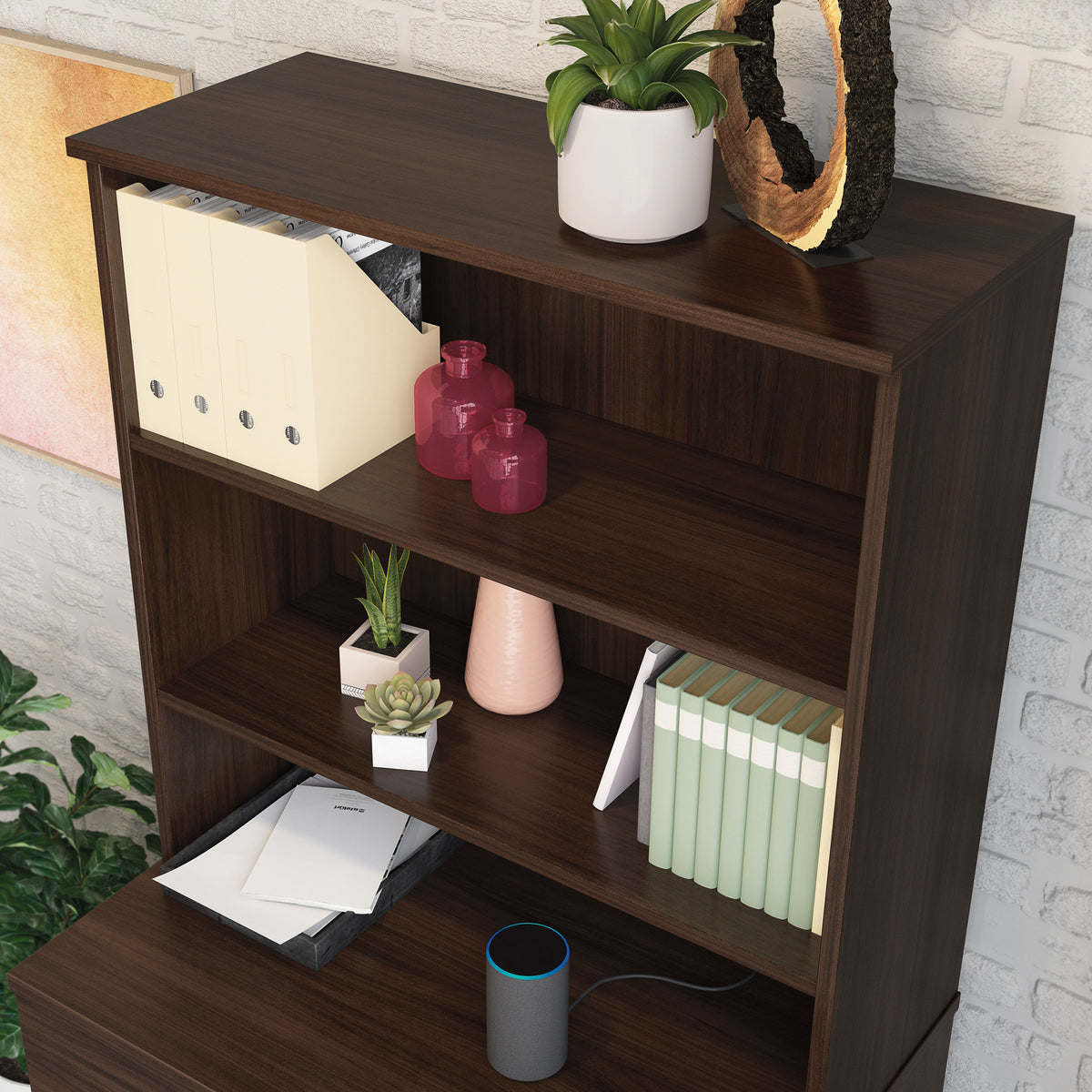 Brown Adjustable Shelves Office Hutch - 35.43" W for Living Room
