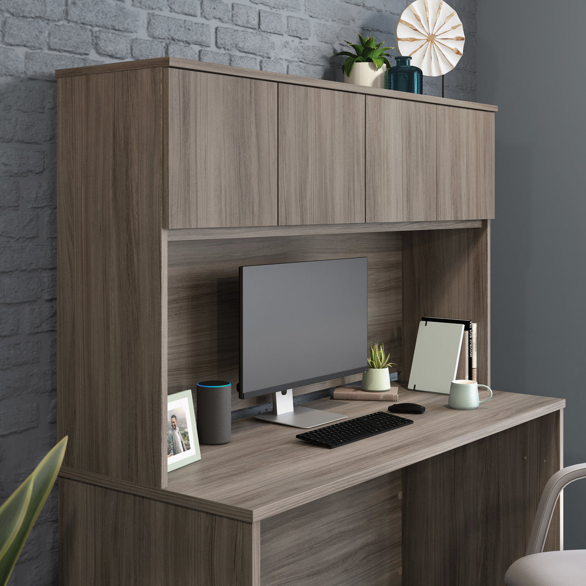 Brown Hutch with Adjustable Shelves - Office Storage