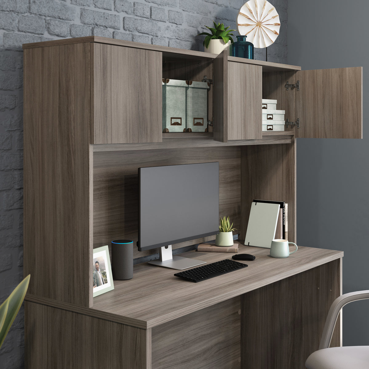 Brown Hutch with Adjustable Shelves - Office Storage