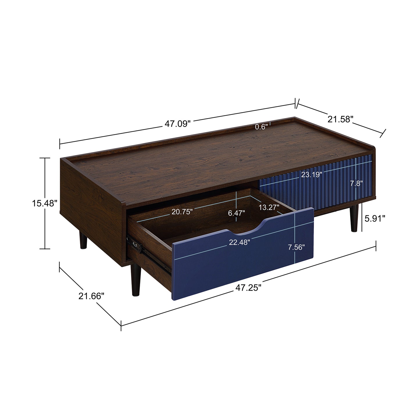 Navy Blue Mid-Century Coffee Table - 47.24" Length