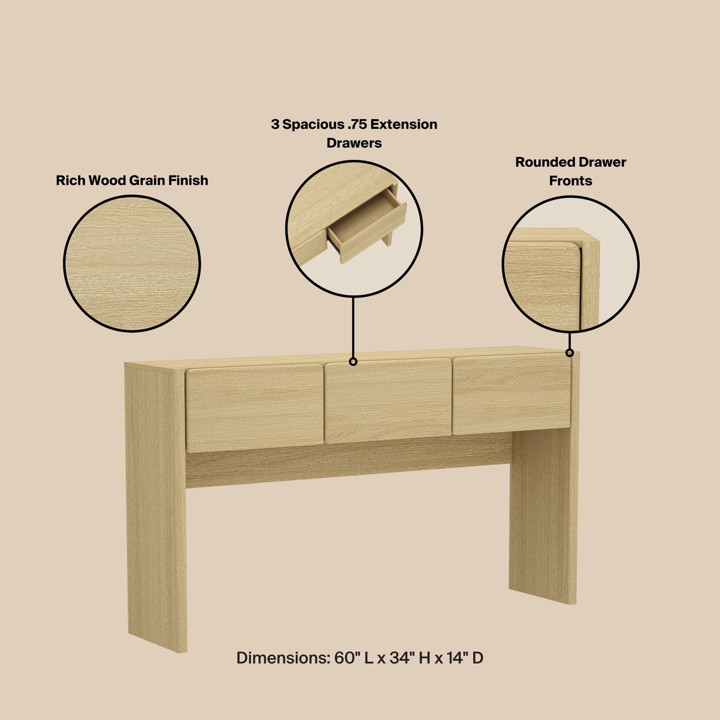 60" Oak Console Table - Entryway Storage Table