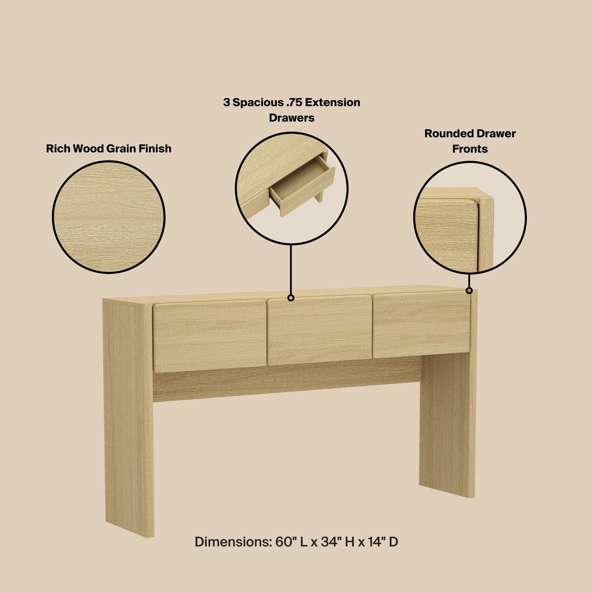 60" Oak Console Table - Entryway Storage Table