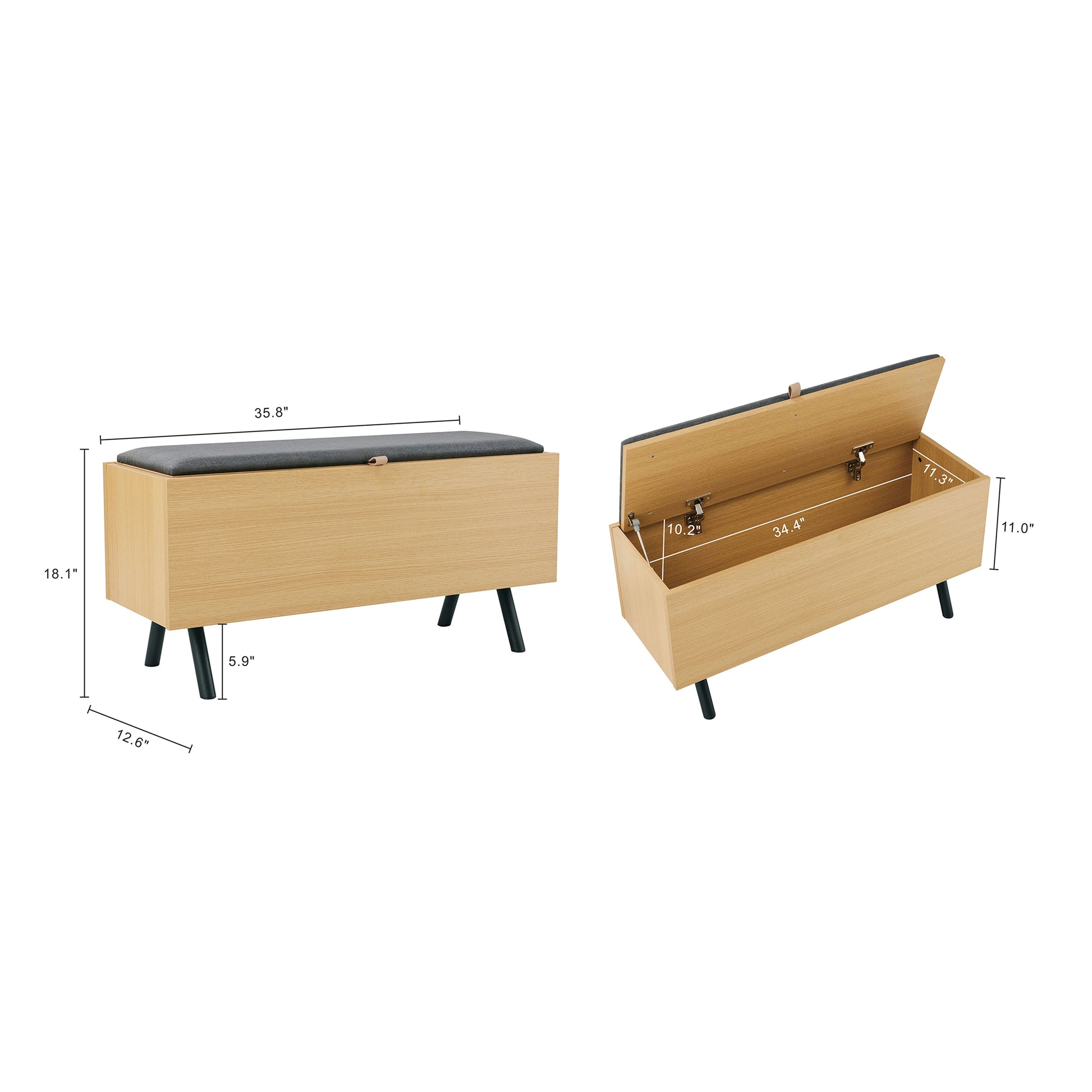 Light Oak Metal Storage Bench - 35.8" Entryway Bench