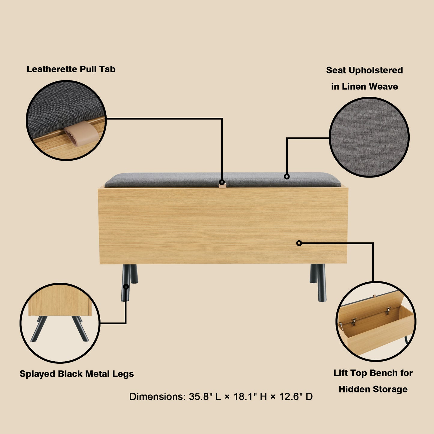 Light Oak Metal Storage Bench - 35.8" Entryway Bench