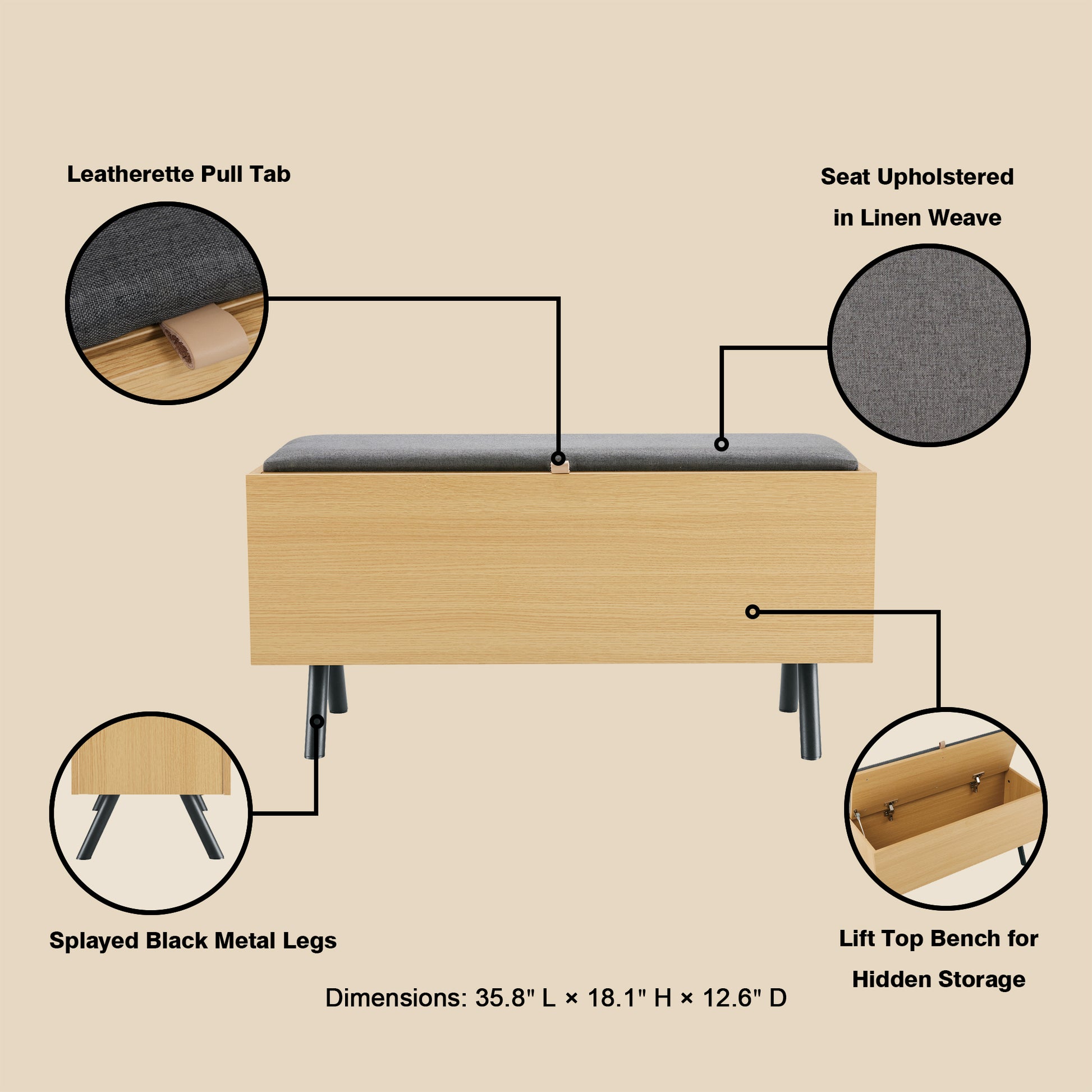 Light Oak Metal Storage Bench - 35.8" Entryway Bench