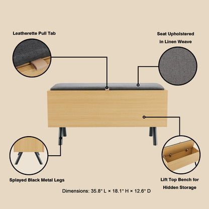 Light Oak Metal Storage Bench - 35.8" Entryway Bench