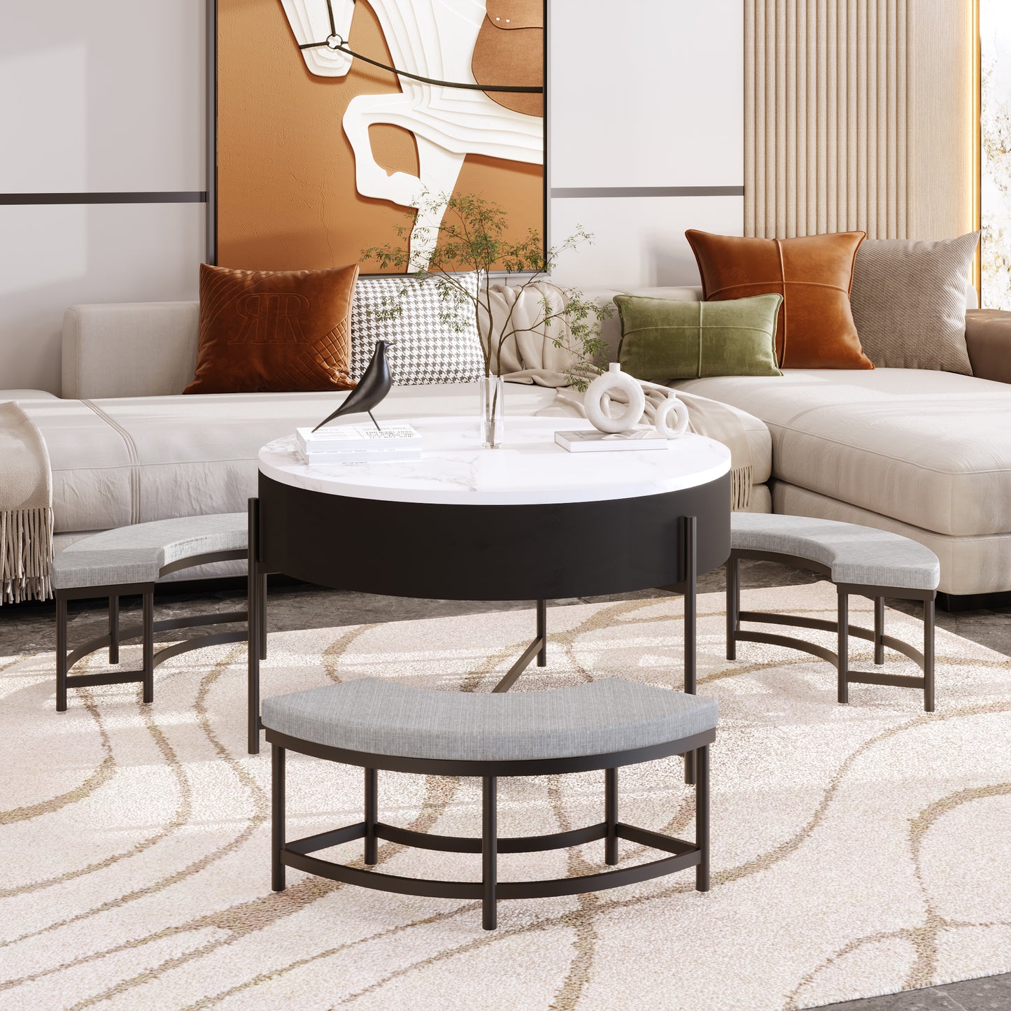 Black & White Round Lift-Top Coffee Table with Storage
