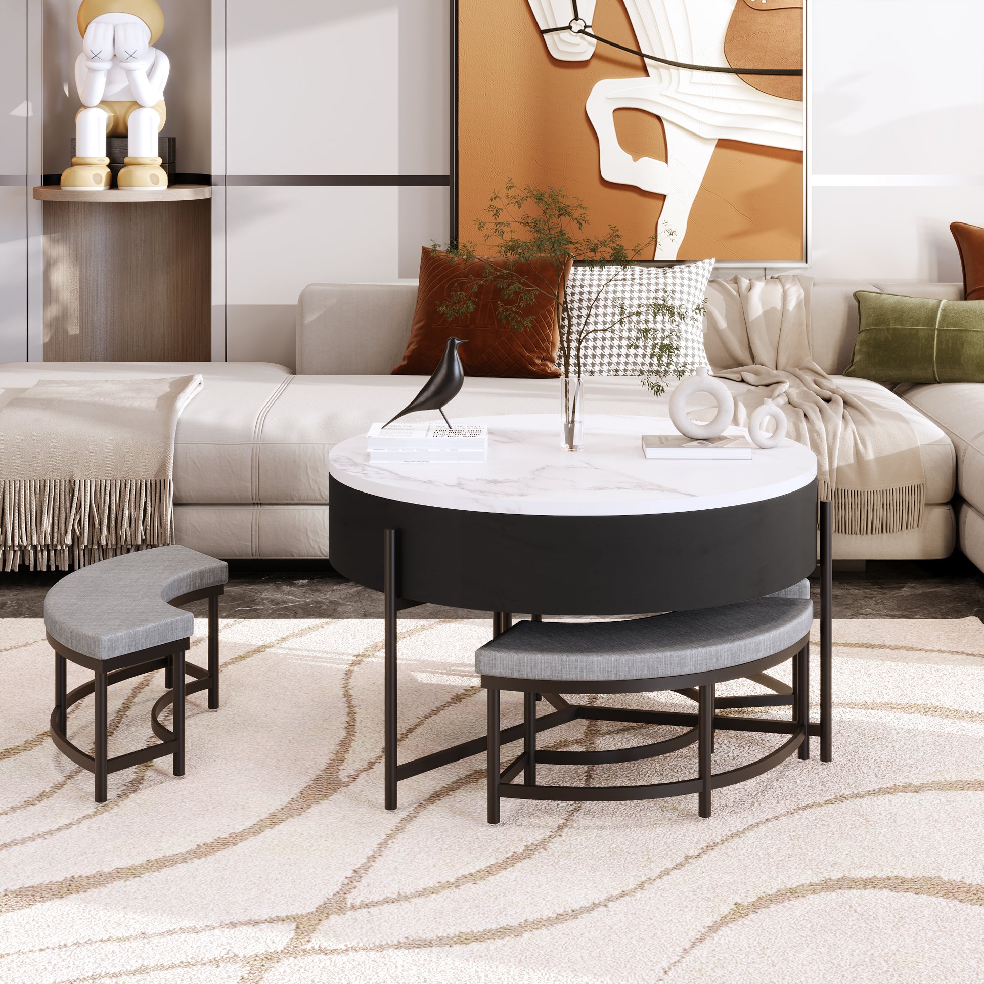 Black & White Round Lift-Top Coffee Table with Storage