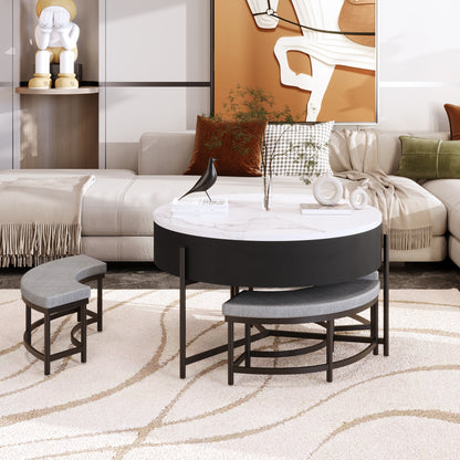Black & White Round Lift-Top Coffee Table with Storage