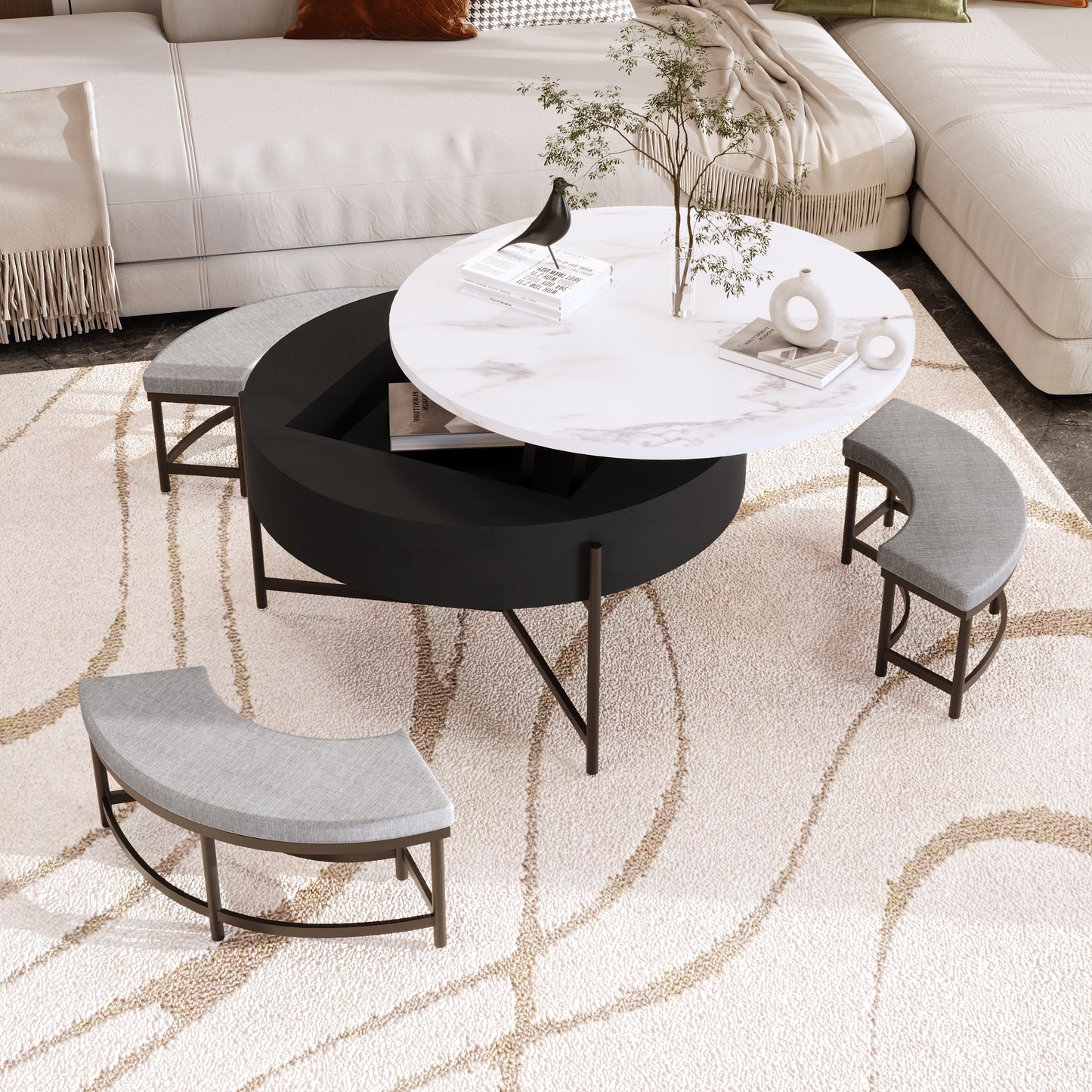 Black & White Round Lift-Top Coffee Table with Storage
