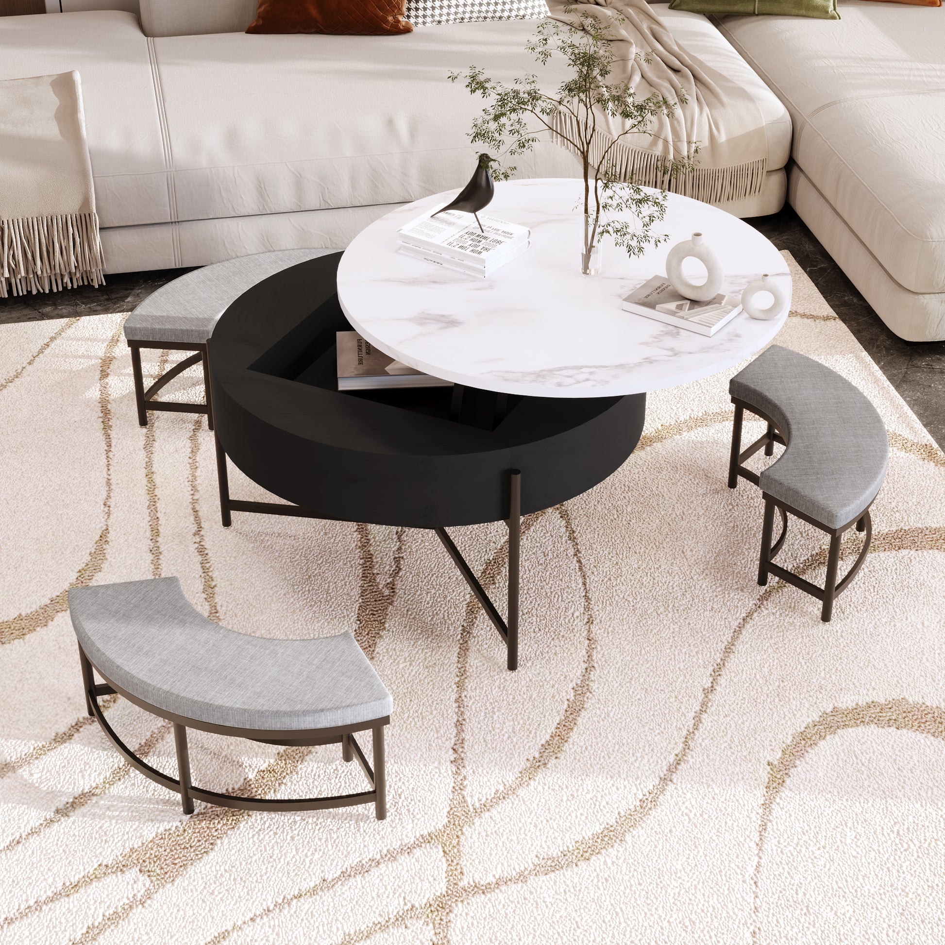 Black & White Round Lift-Top Coffee Table with Storage