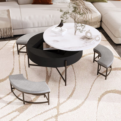 Black & White Round Lift-Top Coffee Table with Storage