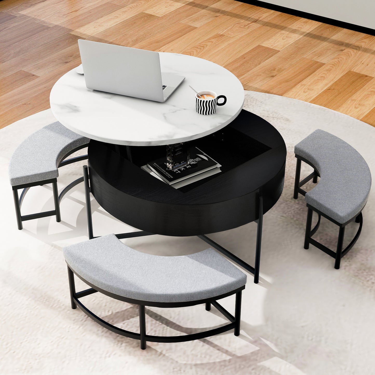 Black & White Round Lift-Top Coffee Table with Storage