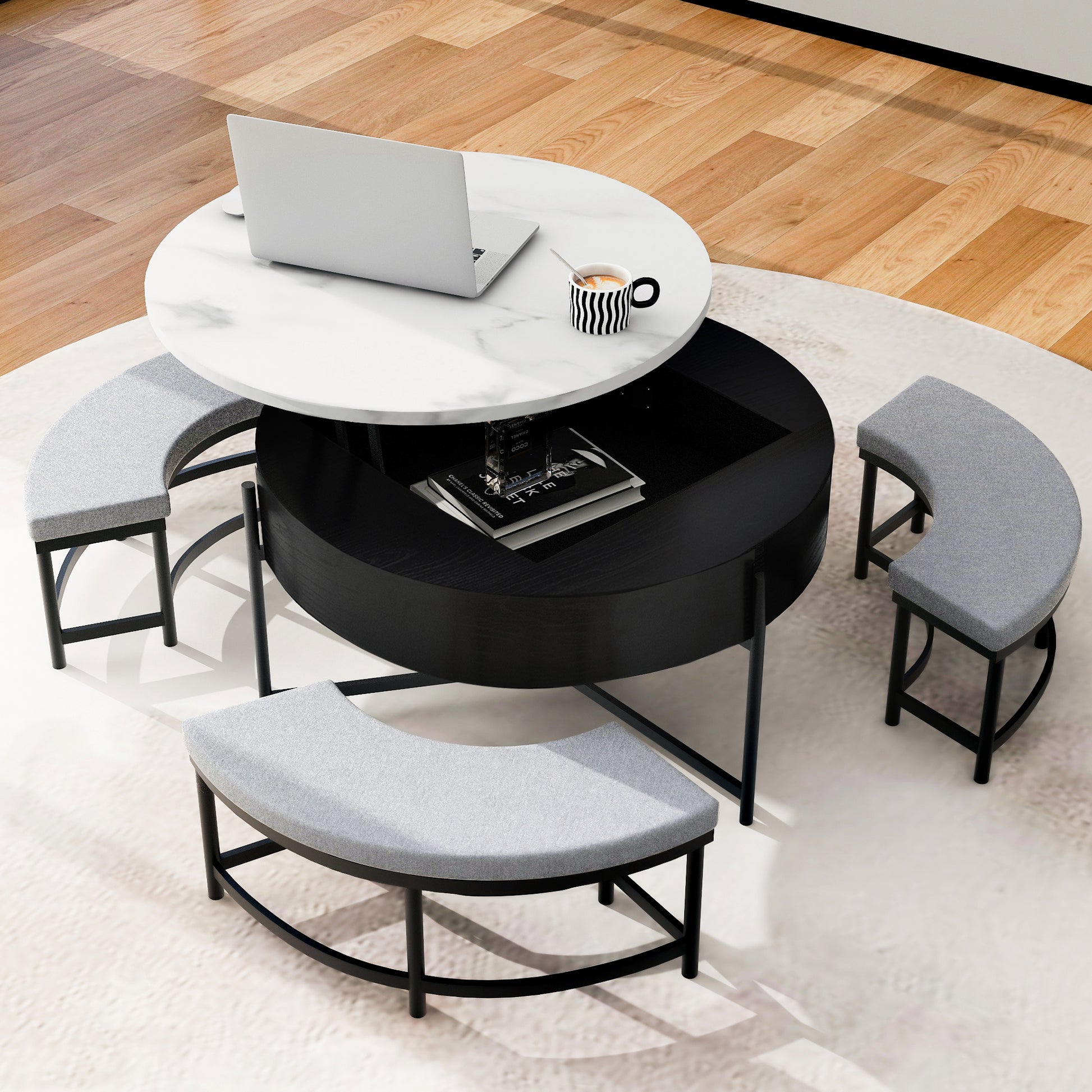 Black & White Round Lift-Top Coffee Table with Storage