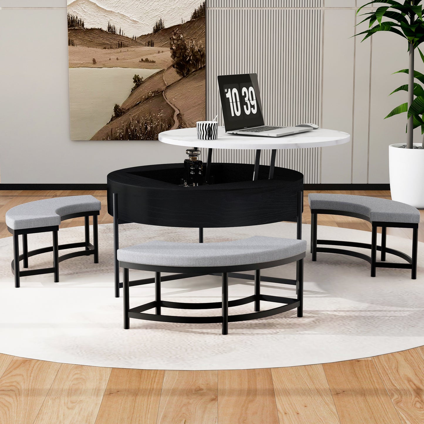 Black & White Round Lift-Top Coffee Table with Storage