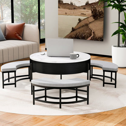 Black & White Round Lift-Top Coffee Table with Storage