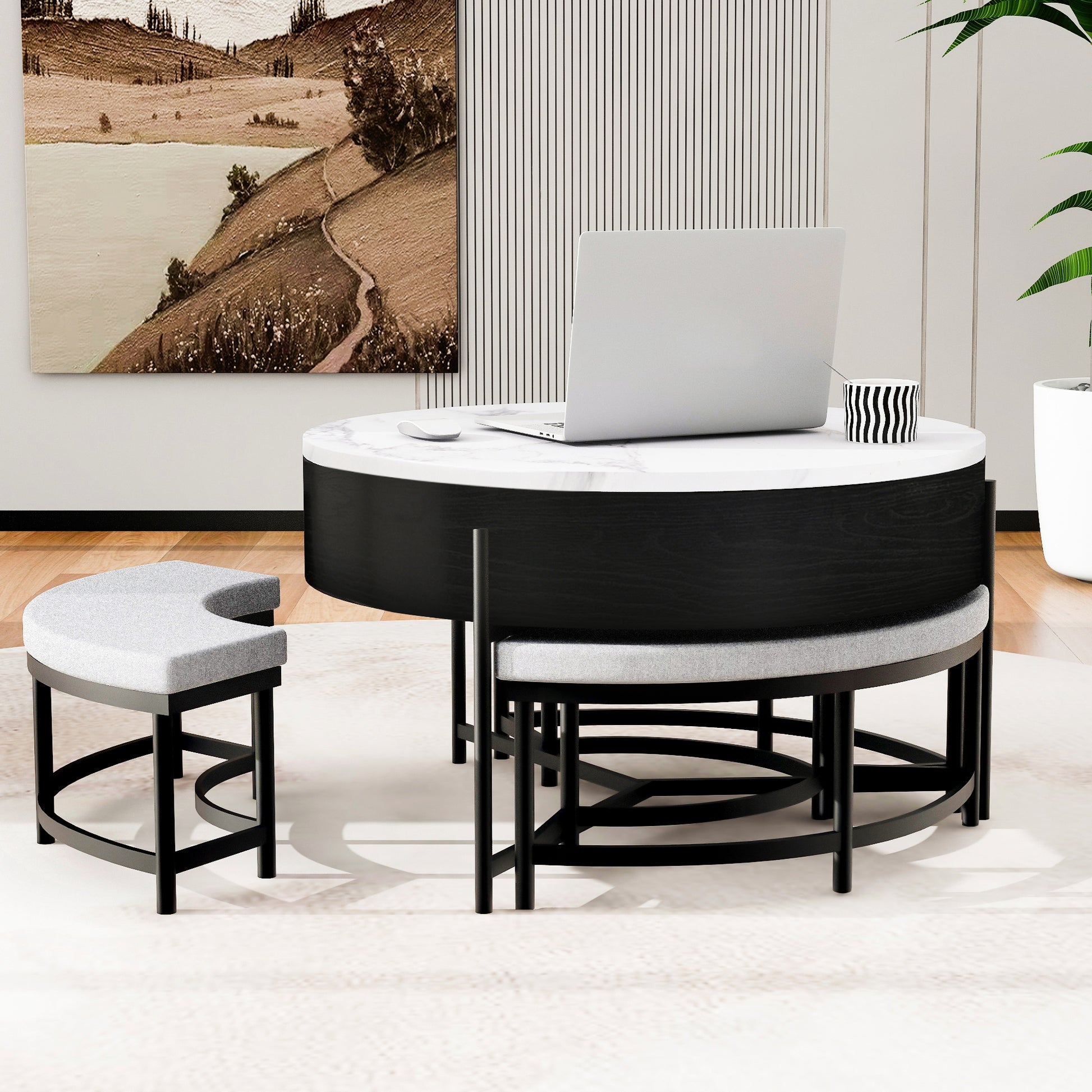 Black & White Round Lift-Top Coffee Table with Storage