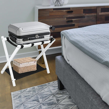 2-Tier Folding Luggage Rack - White Wood Fabric